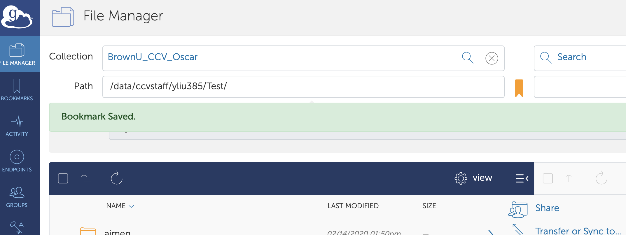 Screenshot of Confirmation of Saved Bookmark.