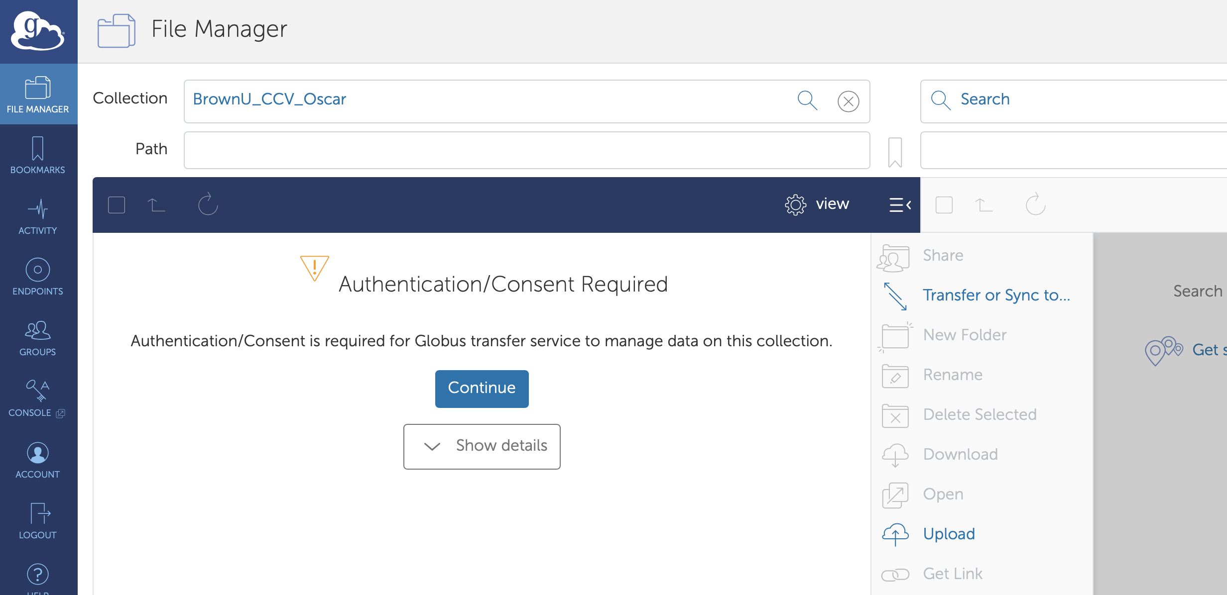 Screenshot of Globus Consent required page.