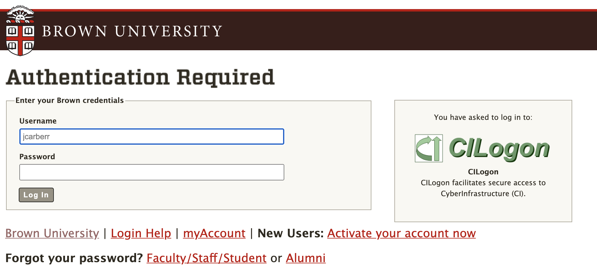Screenshot of Brown University SSO login page.