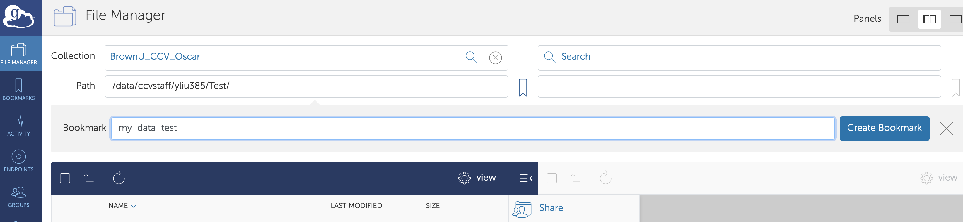 Screenshot of Bookmarking a Globus collection.