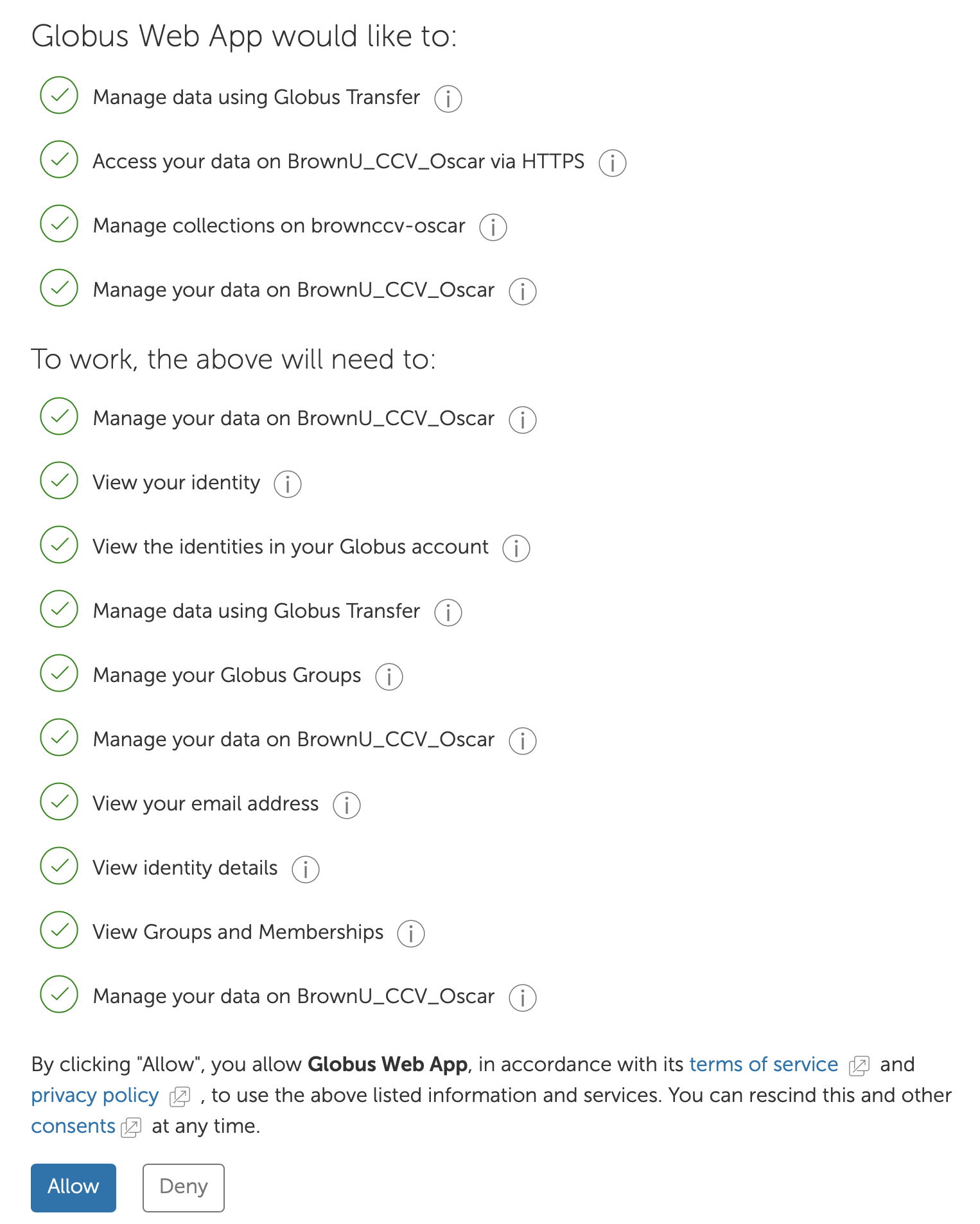 Screenshot of Globus  terms and conditions .