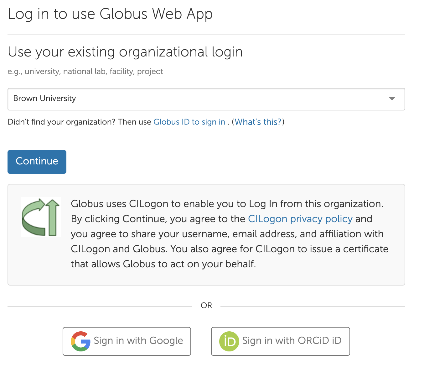 Screenshot of Globus Login Page with Brown University selected.